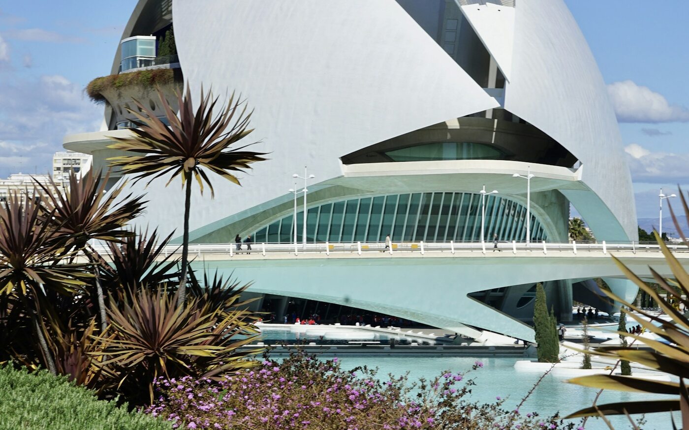 Sculptural white architecture and gardens at the City of Arts and Sciences in Valencia, Spain